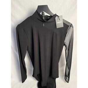 DKNY Black Mesh Sleeve Bodysuit Size M NWT Long Sleeve Mock Neck Sexy